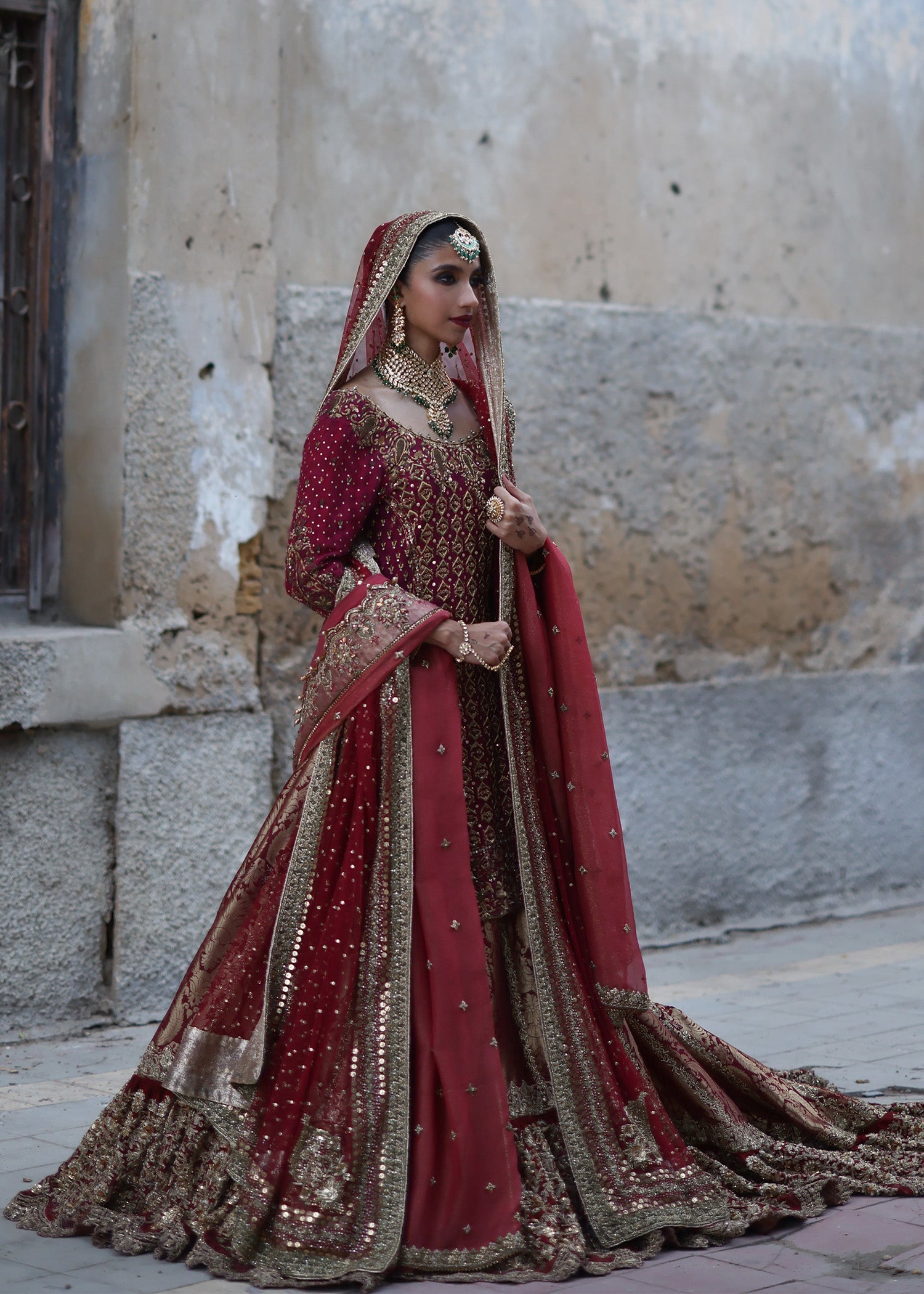 Pakistani Cranberry Zardozi Khaadi Silk Farshi Lehenga (3-Piece) - Image 1