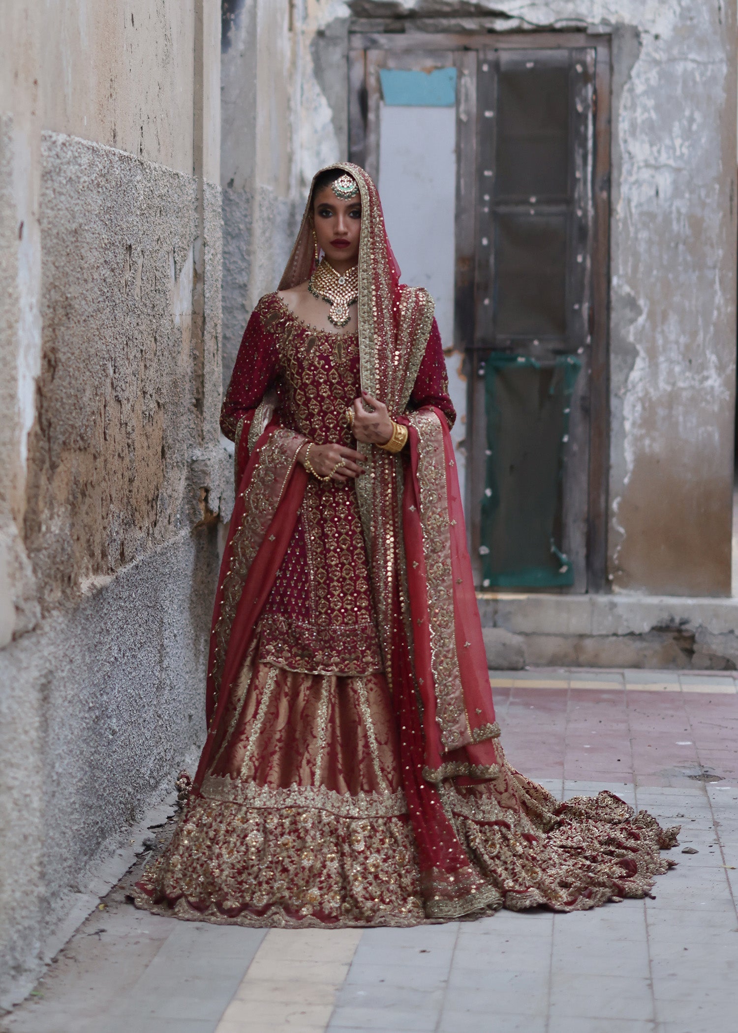 Pakistani Cranberry Zardozi Khaadi Silk Farshi Lehenga (3-Piece) - Image 2