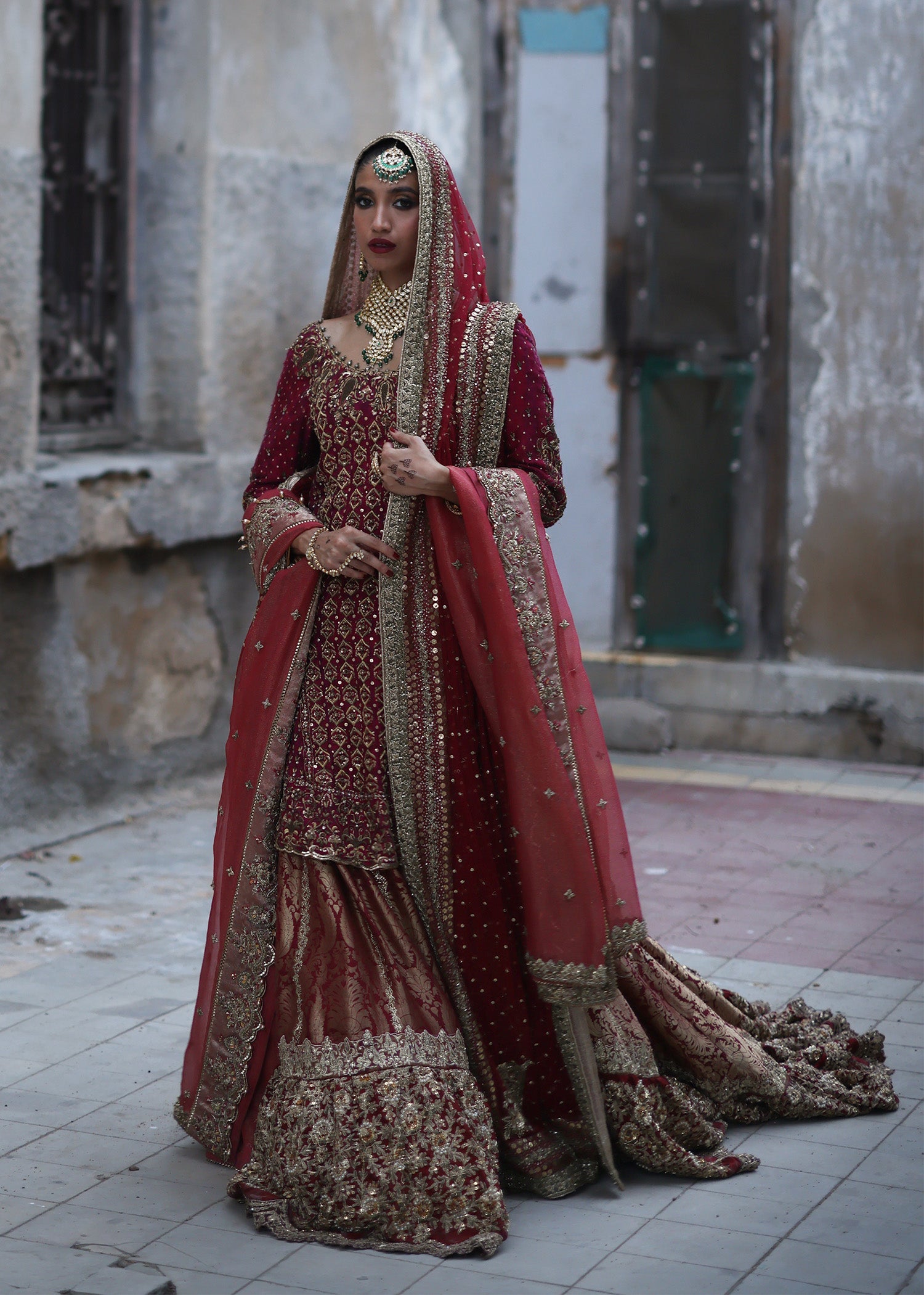 Pakistani Cranberry Zardozi Khaadi Silk Farshi Lehenga (3-Piece) - Image 3