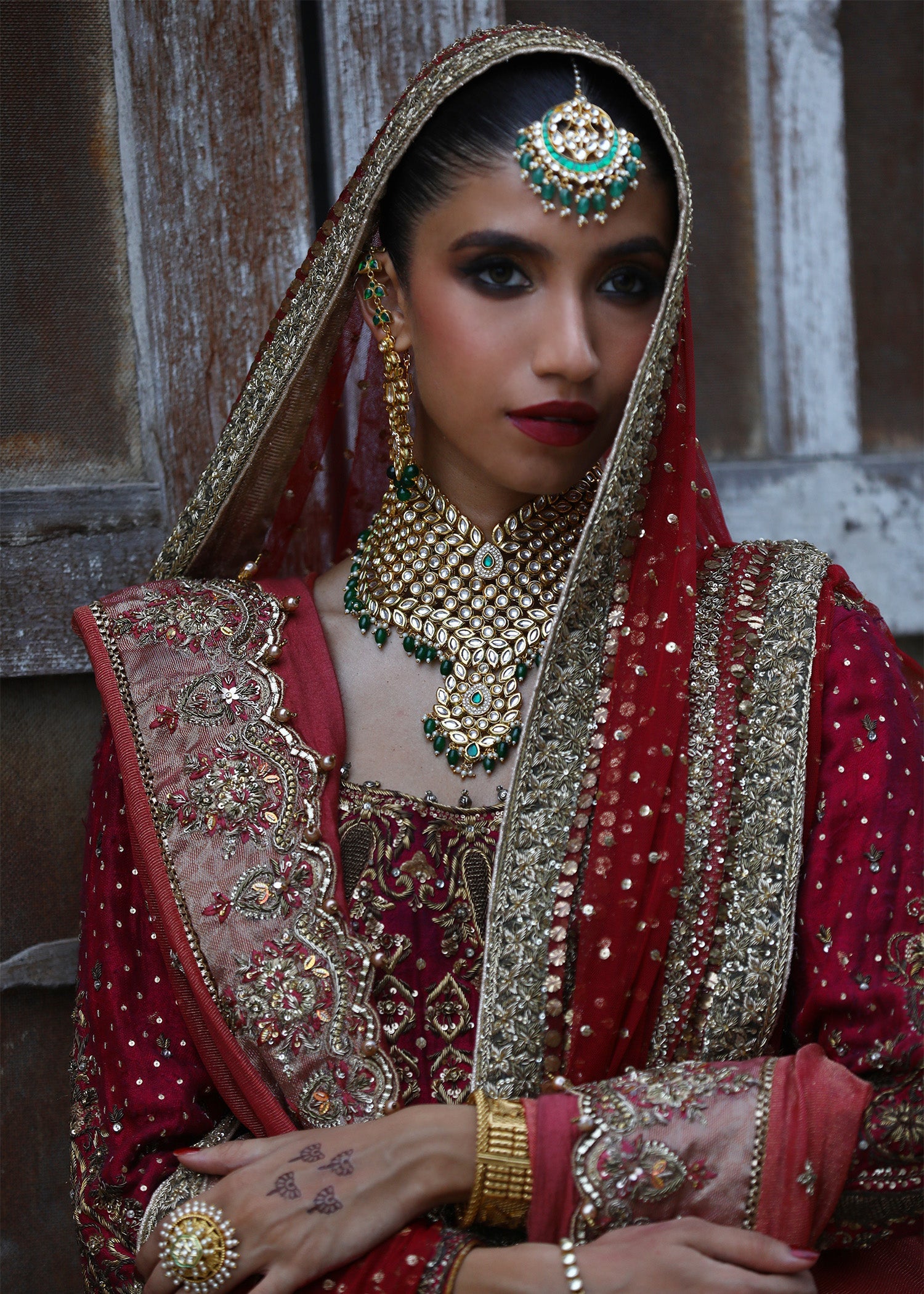 Pakistani Cranberry Zardozi Khaadi Silk Farshi Lehenga (3-Piece) - Image 6