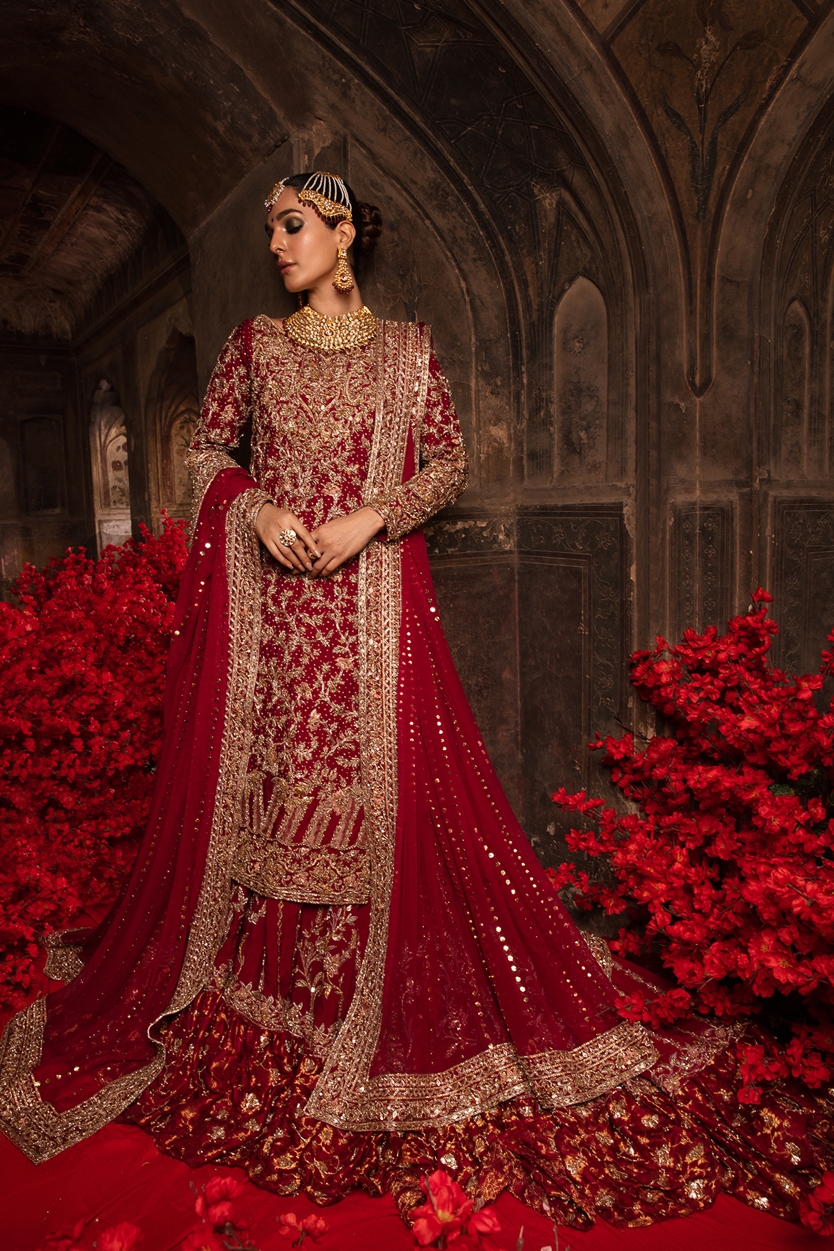 Pakistani Deep Red Embellished Khaddi Net Lehenga (3-Piece) - Image 3