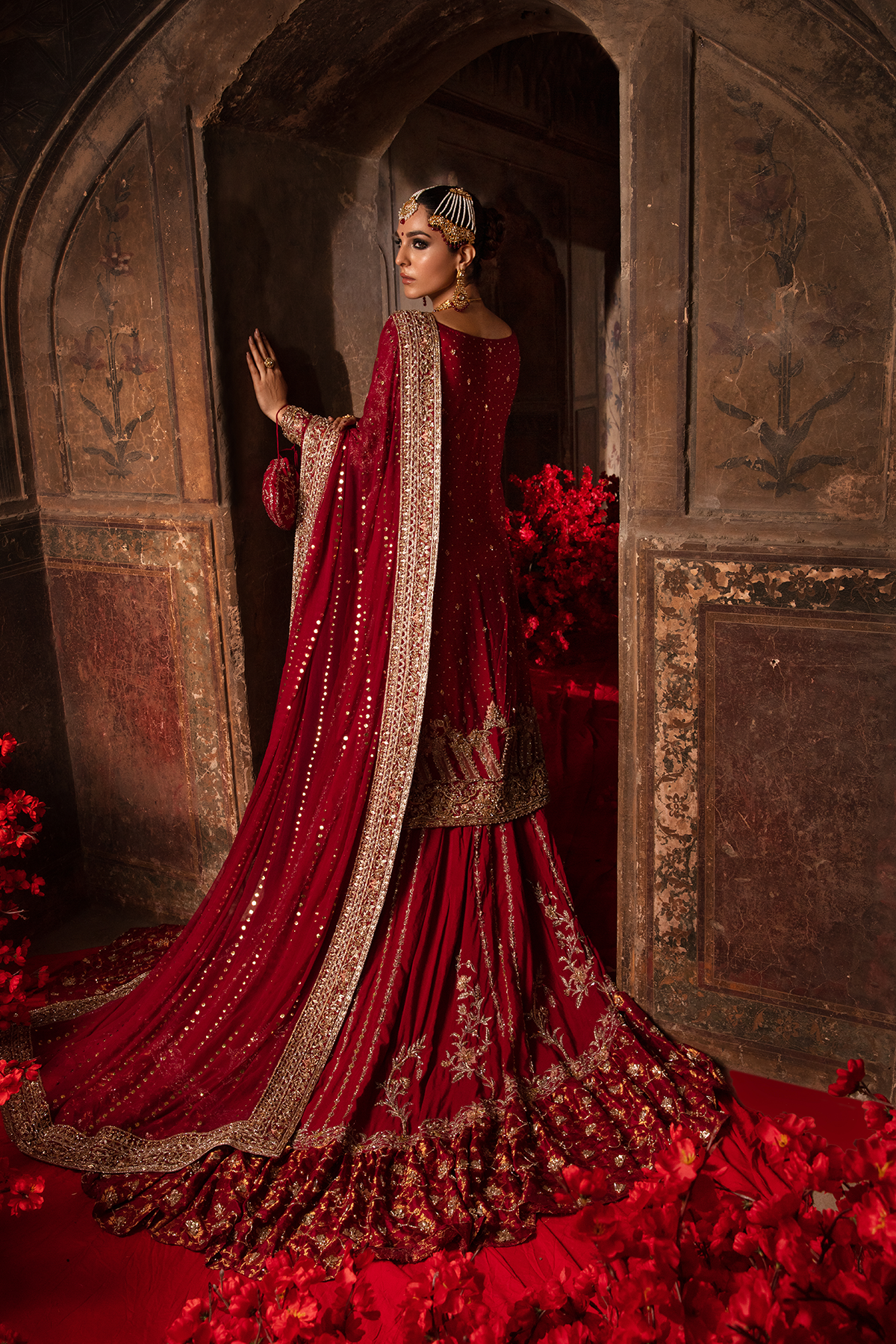 Pakistani Deep Red Embellished Khaddi Net Lehenga (3-Piece) - Image 4