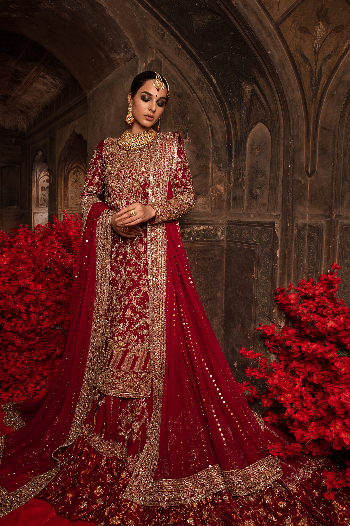 Pakistani Deep Red Embellished Khaddi Net Lehenga (3-Piece) - Image 5