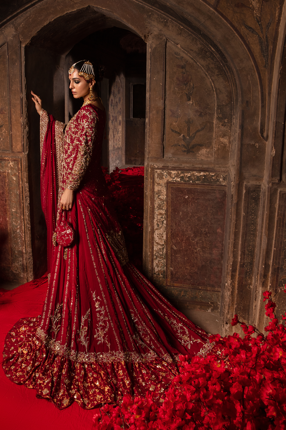 Pakistani Deep Red Embellished Khaddi Net Lehenga (3-Piece) - Image 8