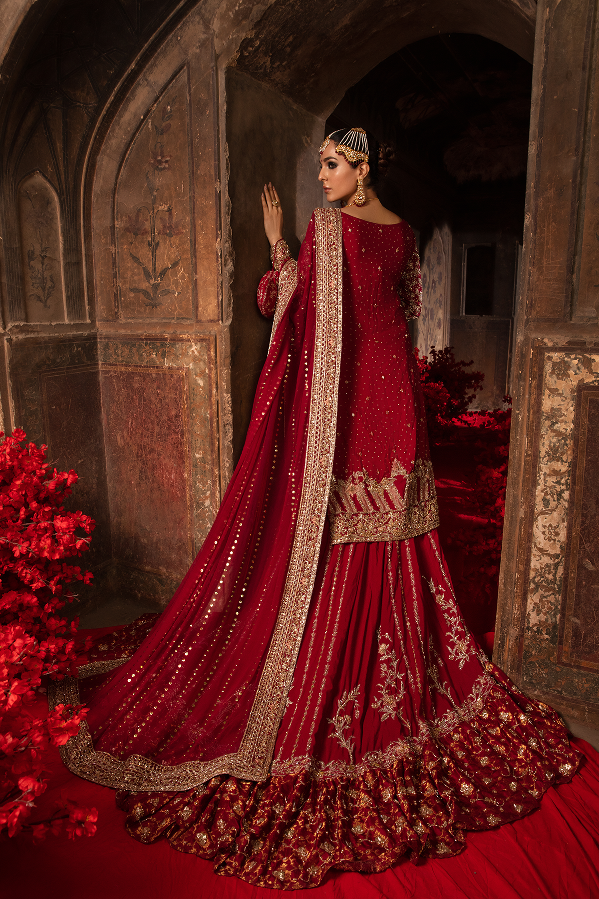 Pakistani Deep Red Embellished Khaddi Net Lehenga (3-Piece) - Image 9