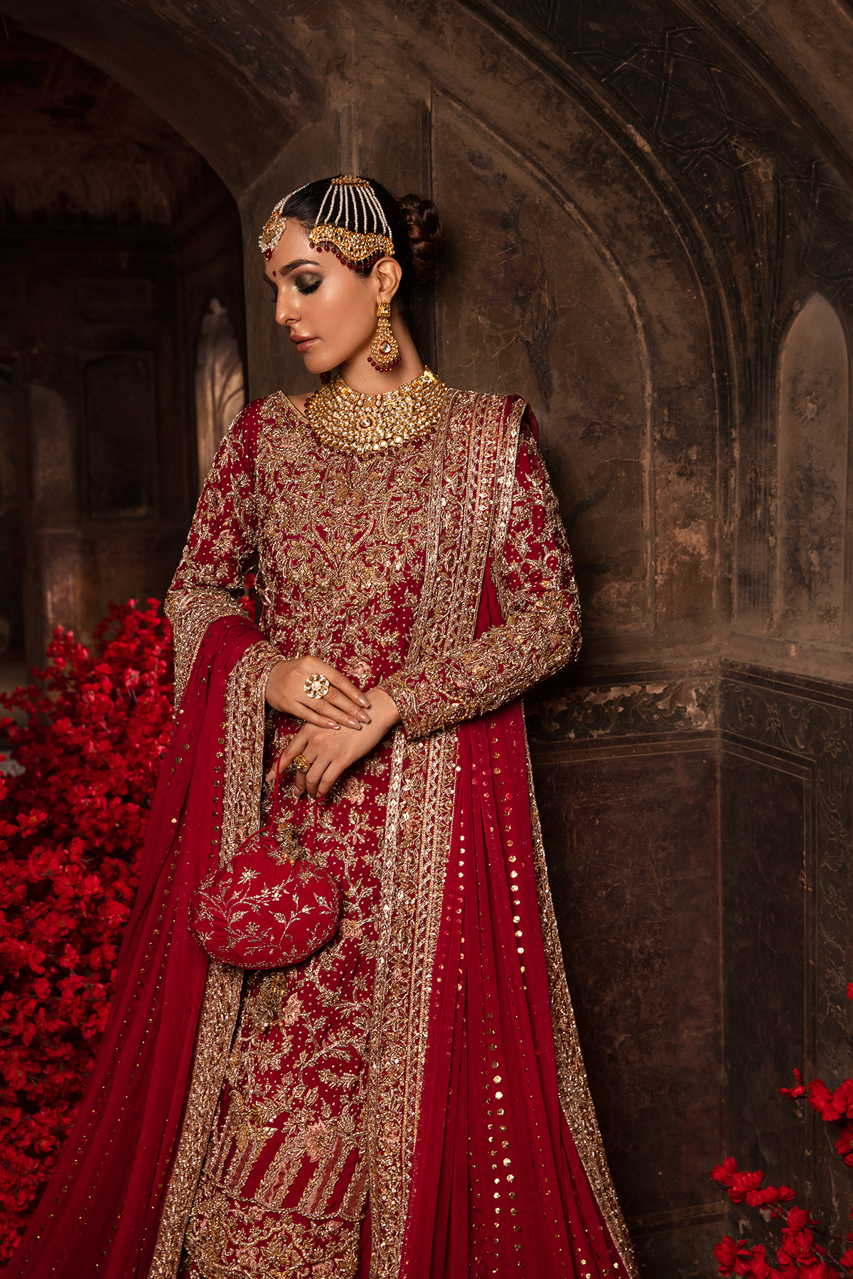 Pakistani Deep Red Embroidered Khaddi Net Farshi Lehenga (3-Piece) - Image 6