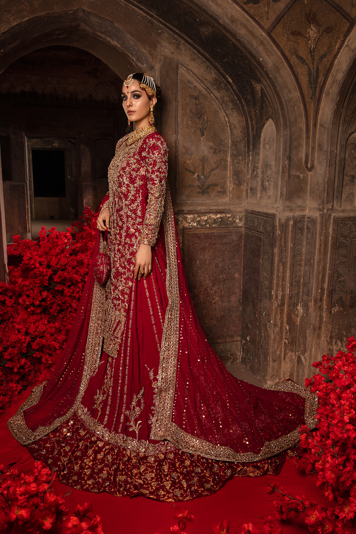 Pakistani Deep Red Embroidered Khaddi Net Farshi Lehenga (3-Piece) - Image 7