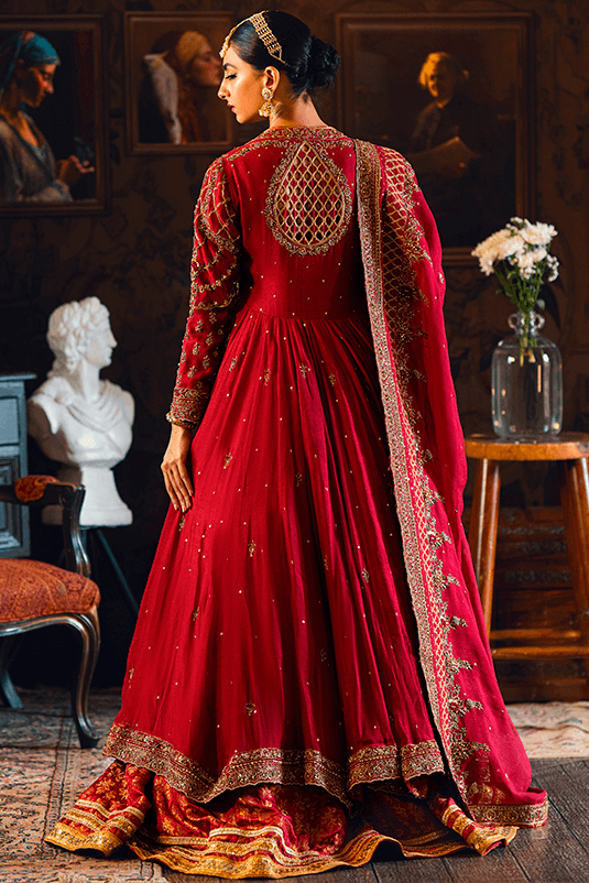 Pakistani Red Zardozi Khaddi Net Angrakha Lehenga (3-Piece) - Image 1