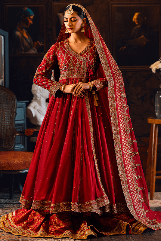 Pakistani Red Zardozi Khaddi Net Angrakha Lehenga (3-Piece) - Image 2