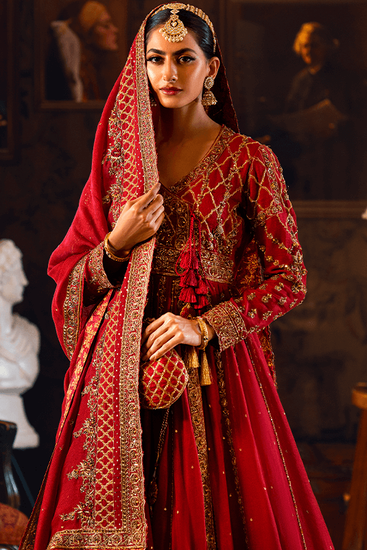 Pakistani Red Zardozi Khaddi Net Angrakha Lehenga (3-Piece) - Image 3