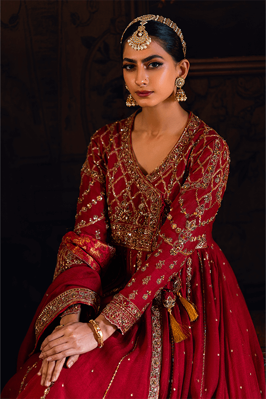 Pakistani Red Zardozi Khaddi Net Angrakha Lehenga (3-Piece) - Image 5