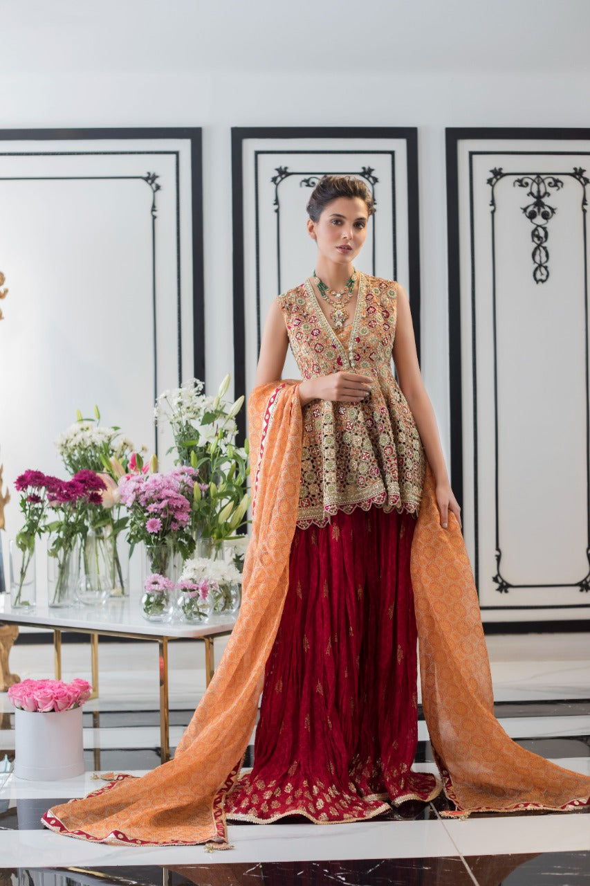 Pakistani Crimson Embroidered Khaddi Silk Peplum Lehenga (3-Piece) - Image 1