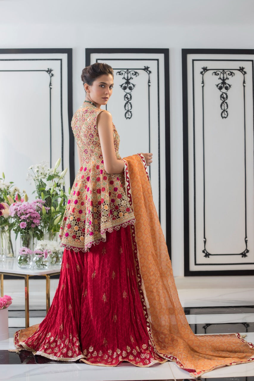 Pakistani Crimson Embroidered Khaddi Silk Peplum Lehenga (3-Piece) - Image 2