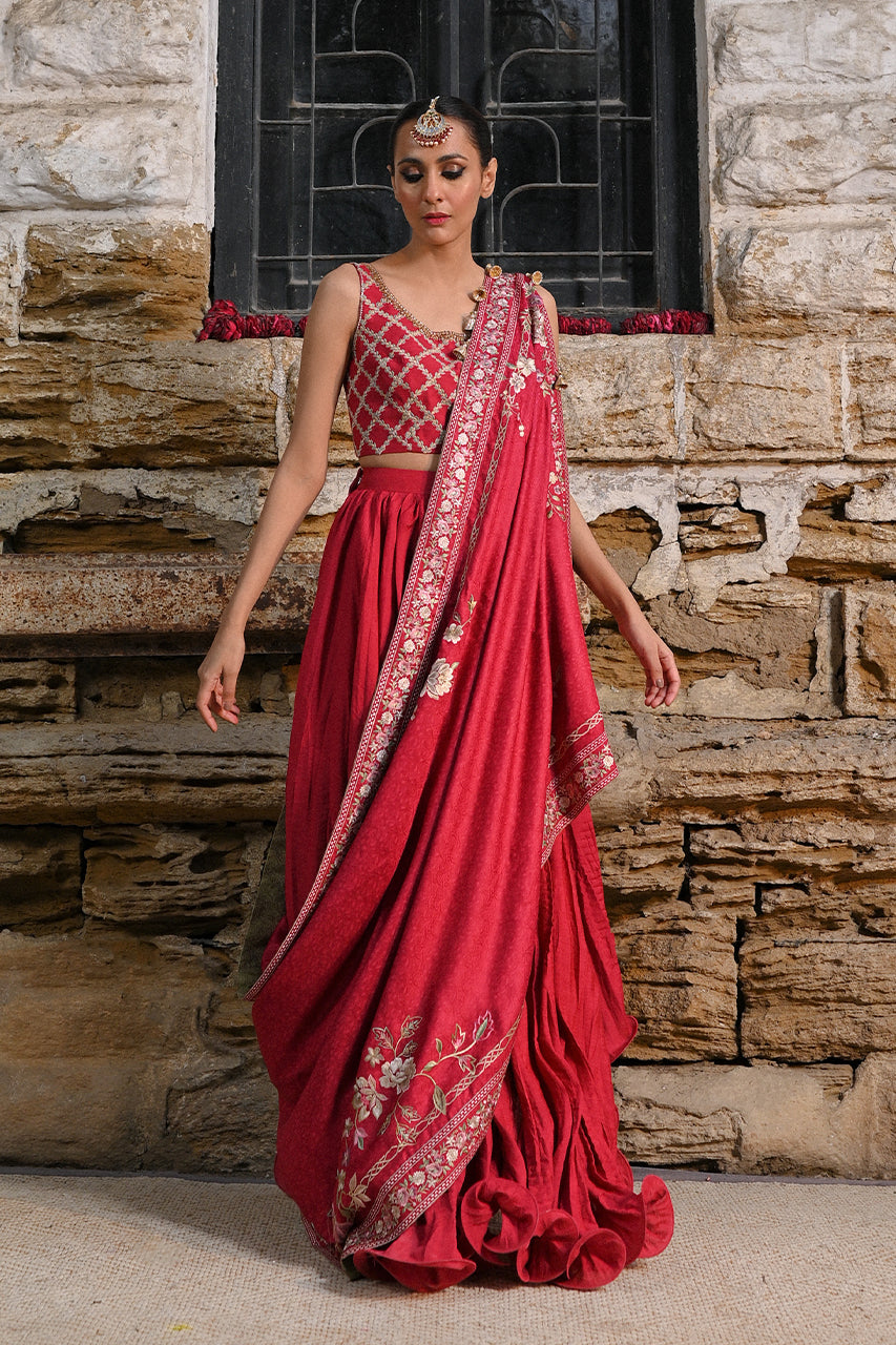 Red Embroidered Khaddi Silk Lehenga Set (3-Piece) - Image 1