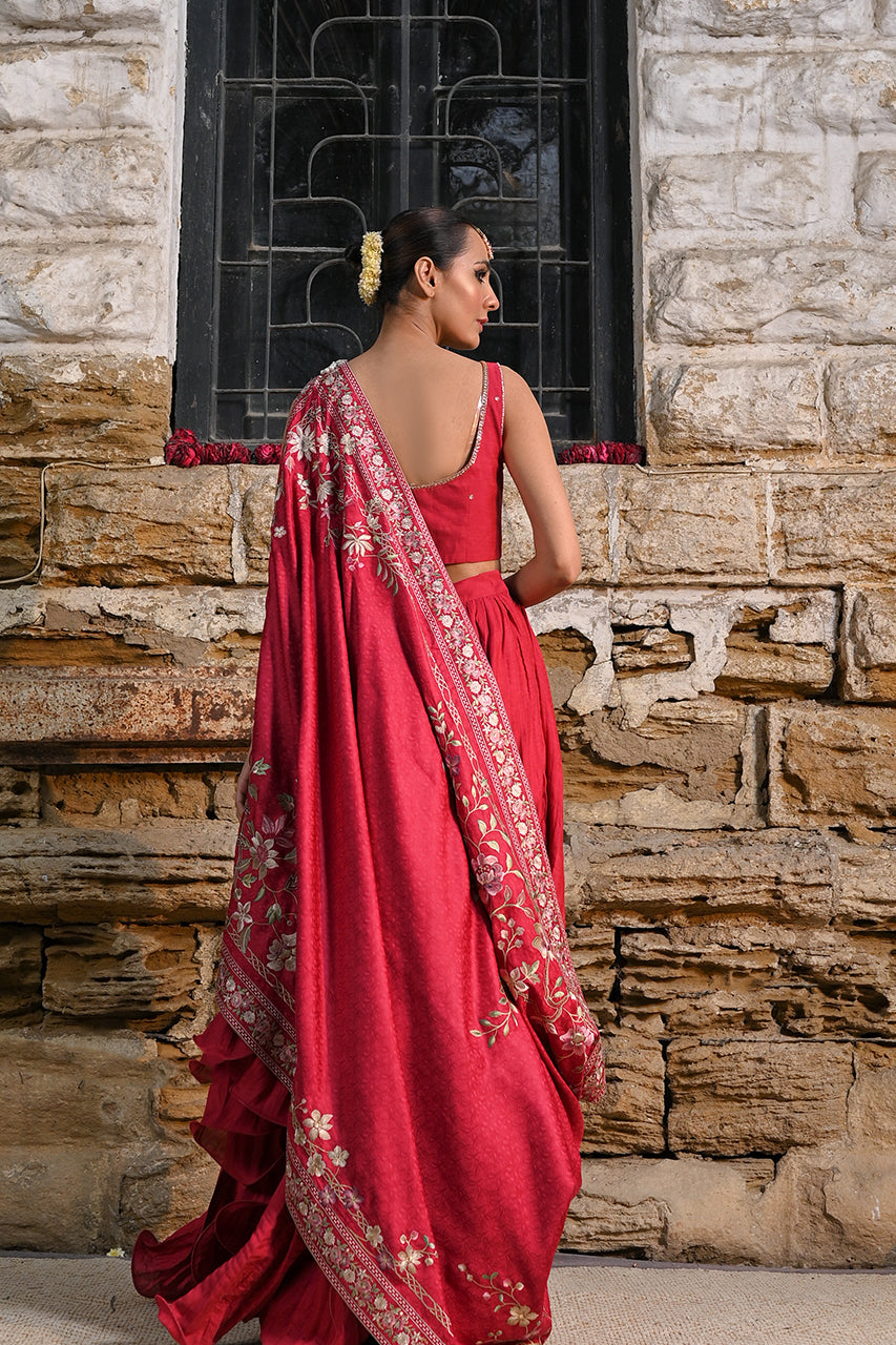 Red Embroidered Khaddi Silk Lehenga Set (3-Piece) - Image 2