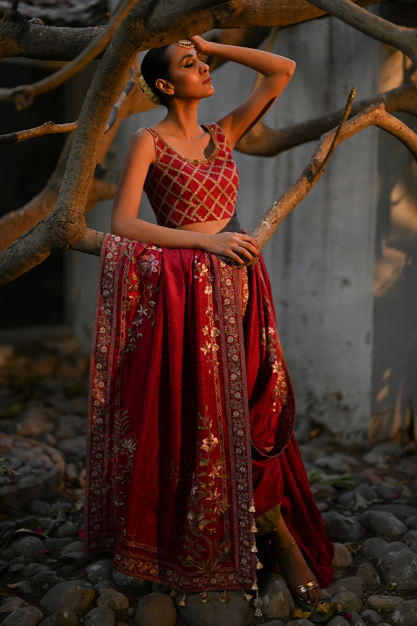 Red Embroidered Khaddi Silk Lehenga Set (3-Piece) - Image 3