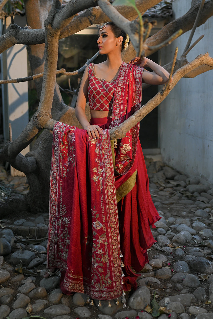 Red Embroidered Khaddi Silk Lehenga Set (3-Piece) - Image 5