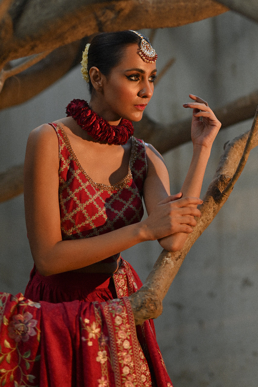 Red Embroidered Khaddi Silk Lehenga Set (3-Piece) - Image 6