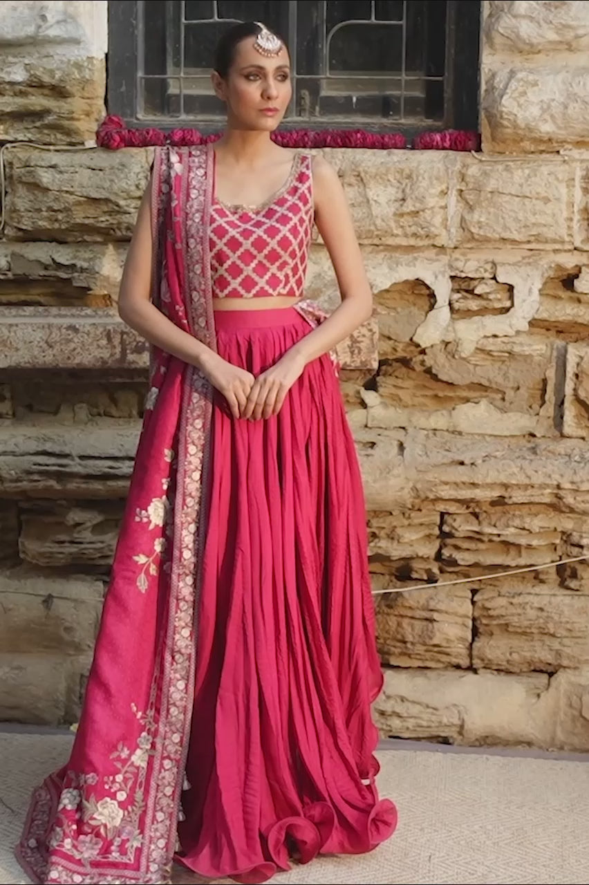 Red Embroidered Khaddi Silk Lehenga Set (3-Piece) - Image 8