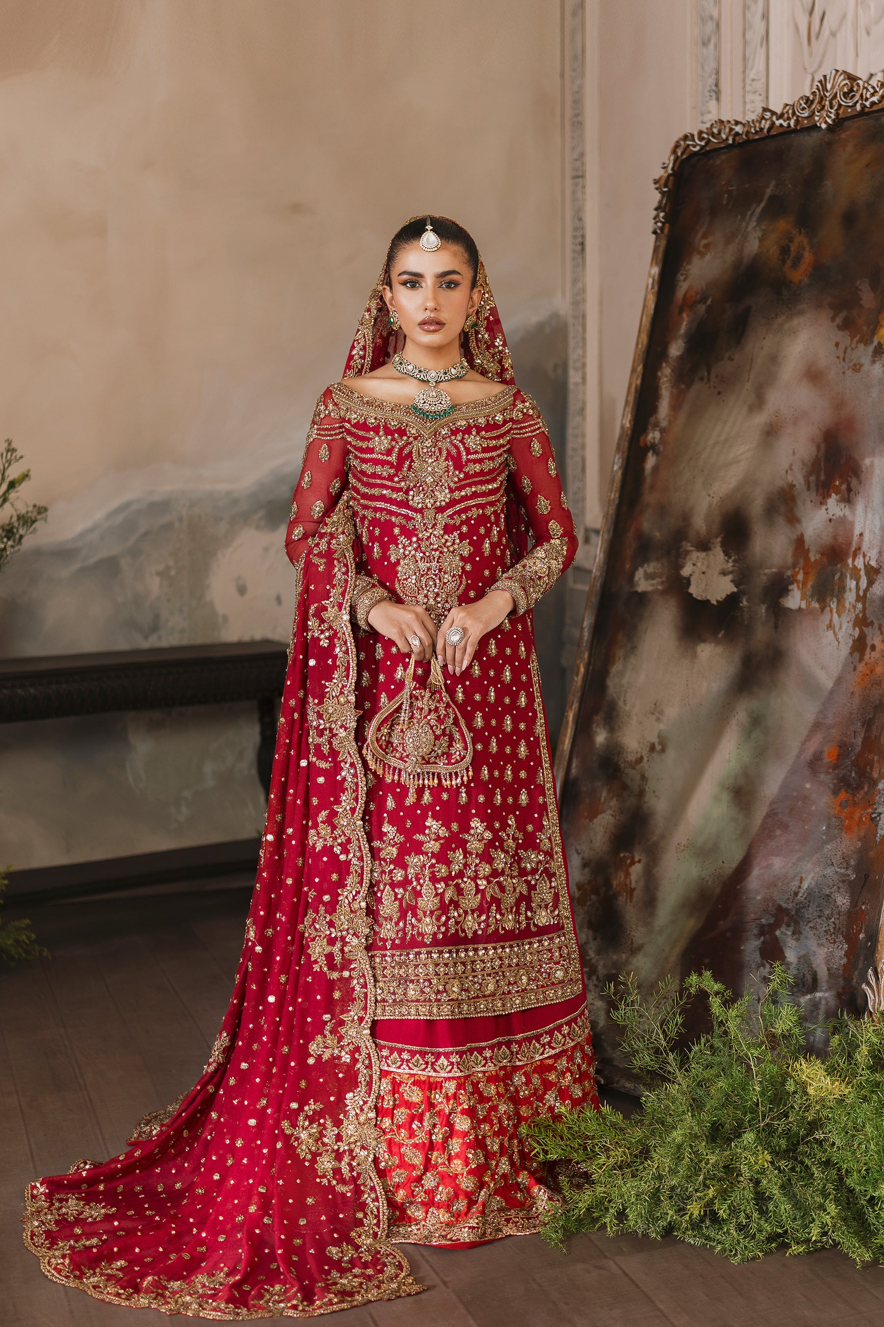 Vermilion Red Zardozi Silk Farshi Bridal Lehenga (5-Piece) - Image 1