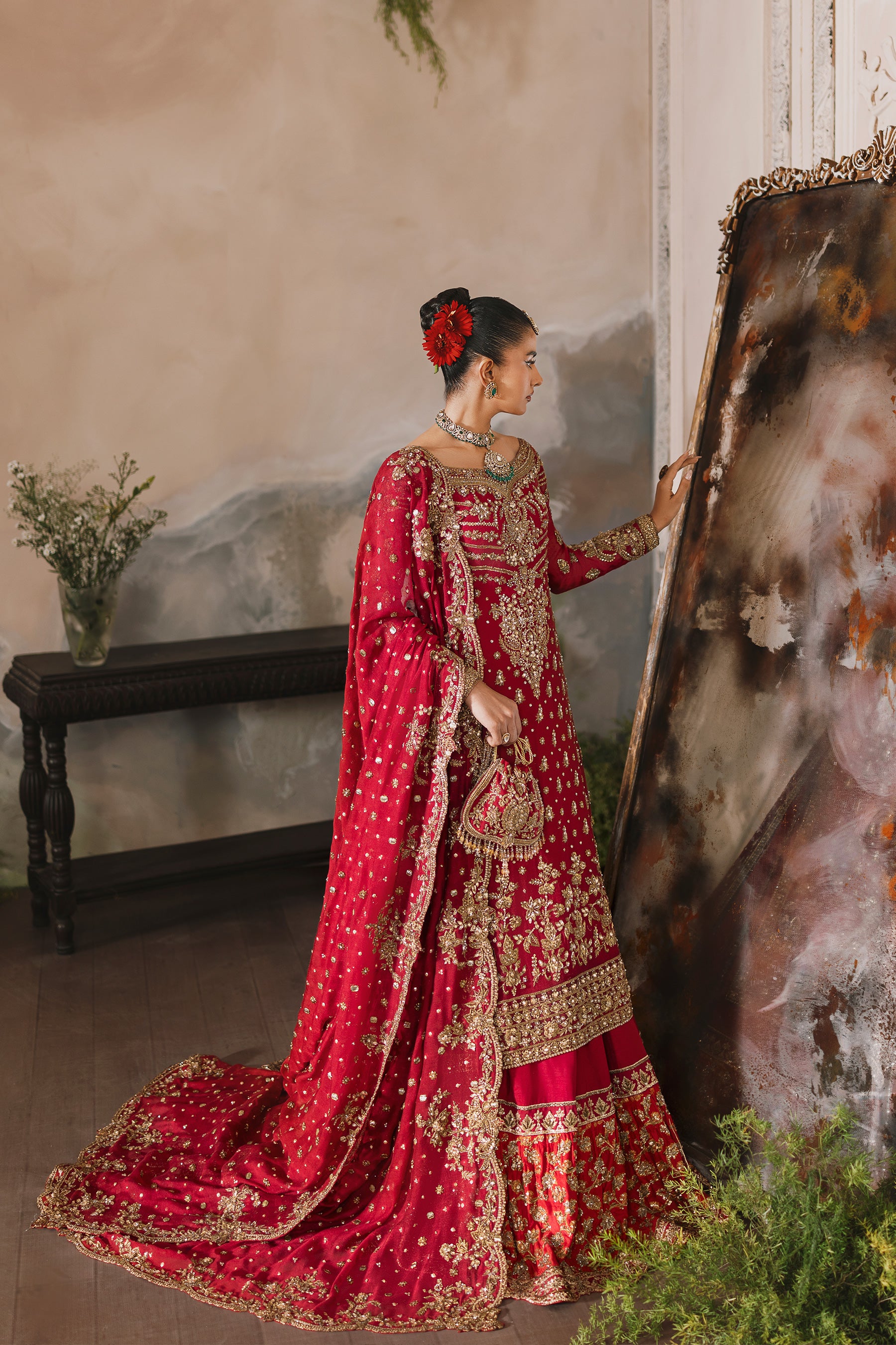 Vermilion Red Zardozi Silk Farshi Bridal Lehenga (5-Piece) - Image 2
