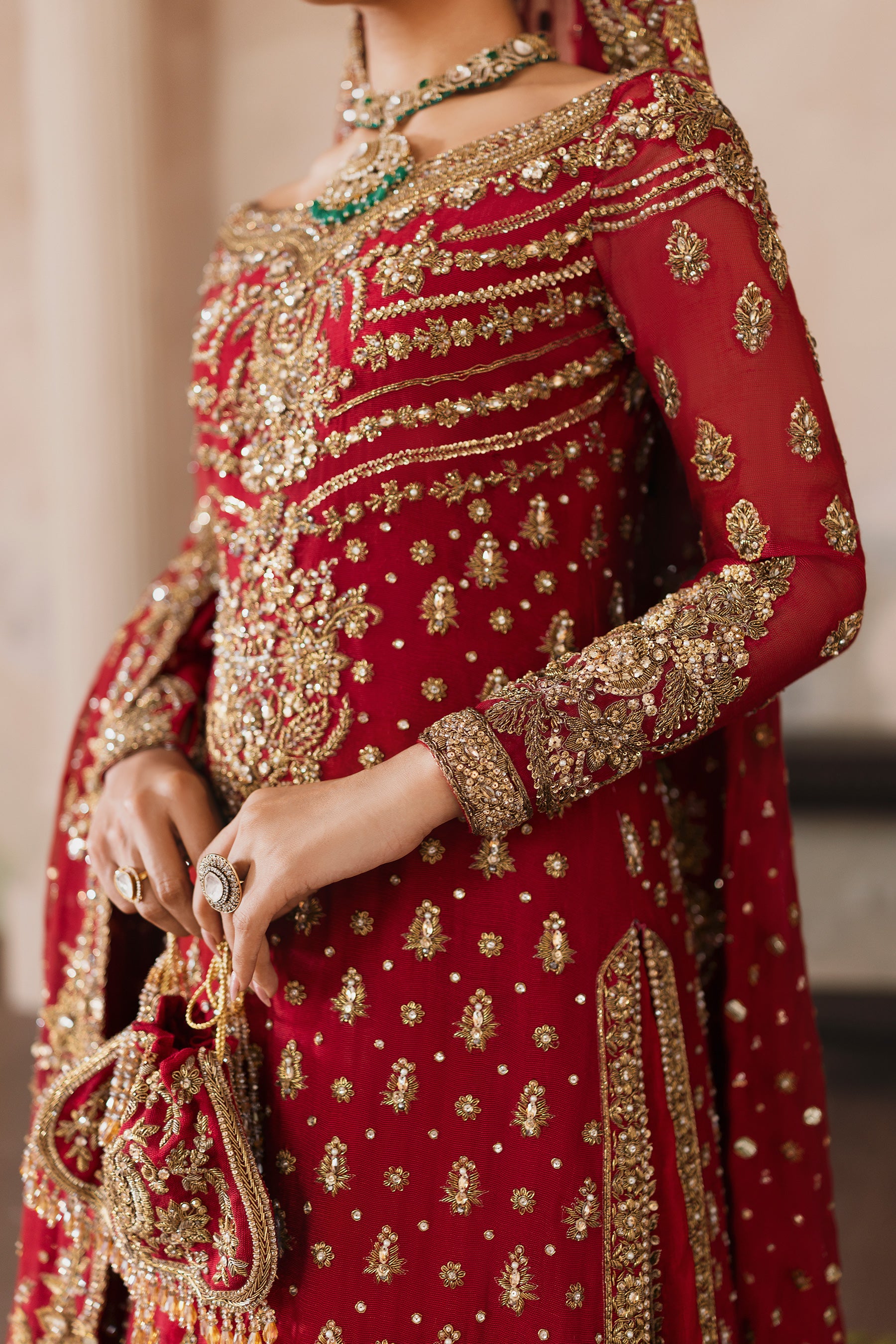 Vermilion Red Zardozi Khaddi Silk Farshi Bridal (5-Piece) - Image 3