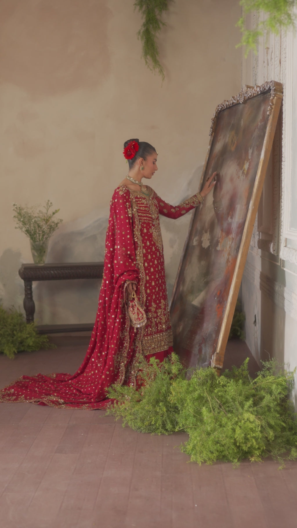 Vermilion Red Zardozi Khaddi Silk Farshi Bridal (5-Piece) - Image 4