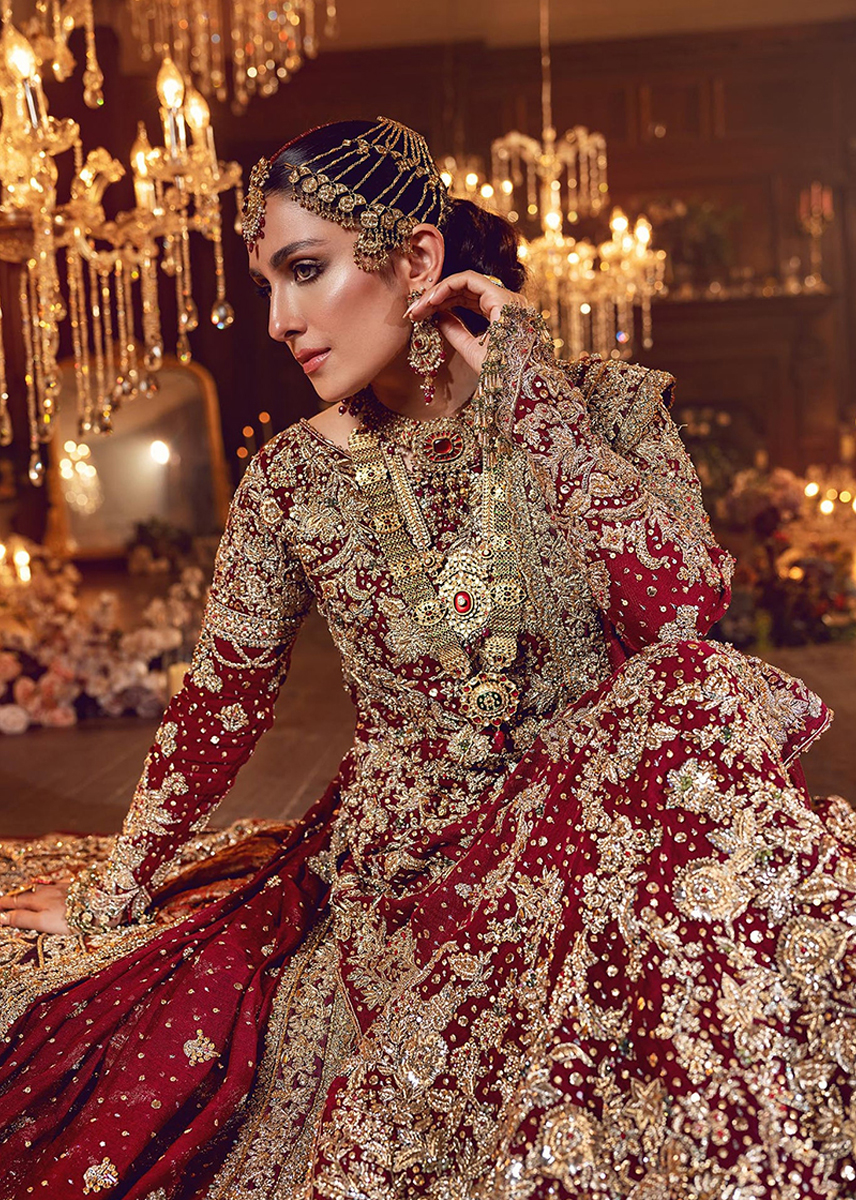 Indian Deep Red Zardozi Kimkhaab Silk Bridal Lehenga (3-Piece) - Image 1