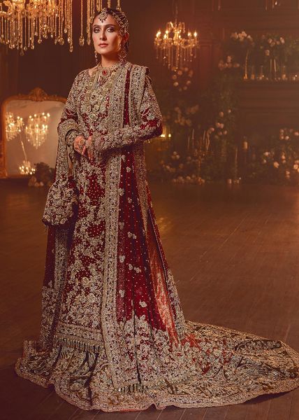 Indian Deep Red Zardozi Kimkhaab Silk Bridal Lehenga (3-Piece) - Image 2