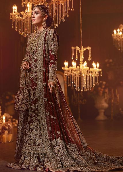 Indian Deep Red Zardozi Kimkhaab Silk Bridal Lehenga (3-Piece) - Image 3