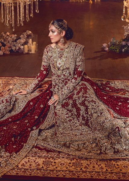 Indian Deep Red Zardozi Kimkhaab Silk Bridal Lehenga (3-Piece) - Image 4