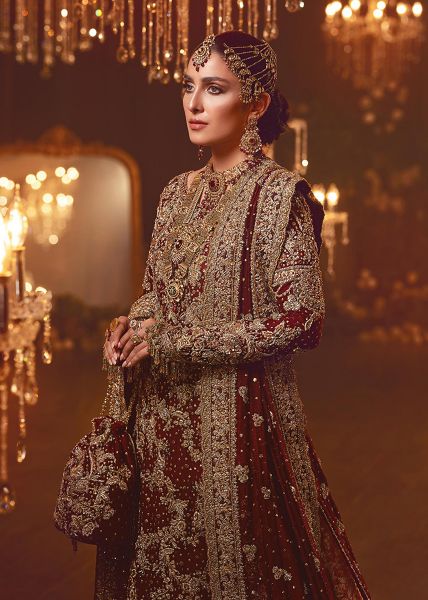 Indian Deep Red Zardozi Kimkhaab Silk Bridal Lehenga (3-Piece) - Image 5