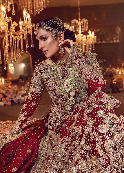 Indian Deep Red Zardozi Kimkhaab Silk Bridal Lehenga (3-Piece) - Image 6