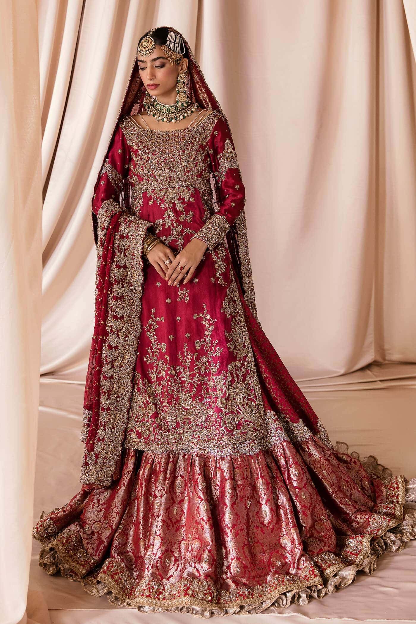 Deep Red Zardozi Tissue Organza Bridal Lehenga (3-Piece) - Image 1