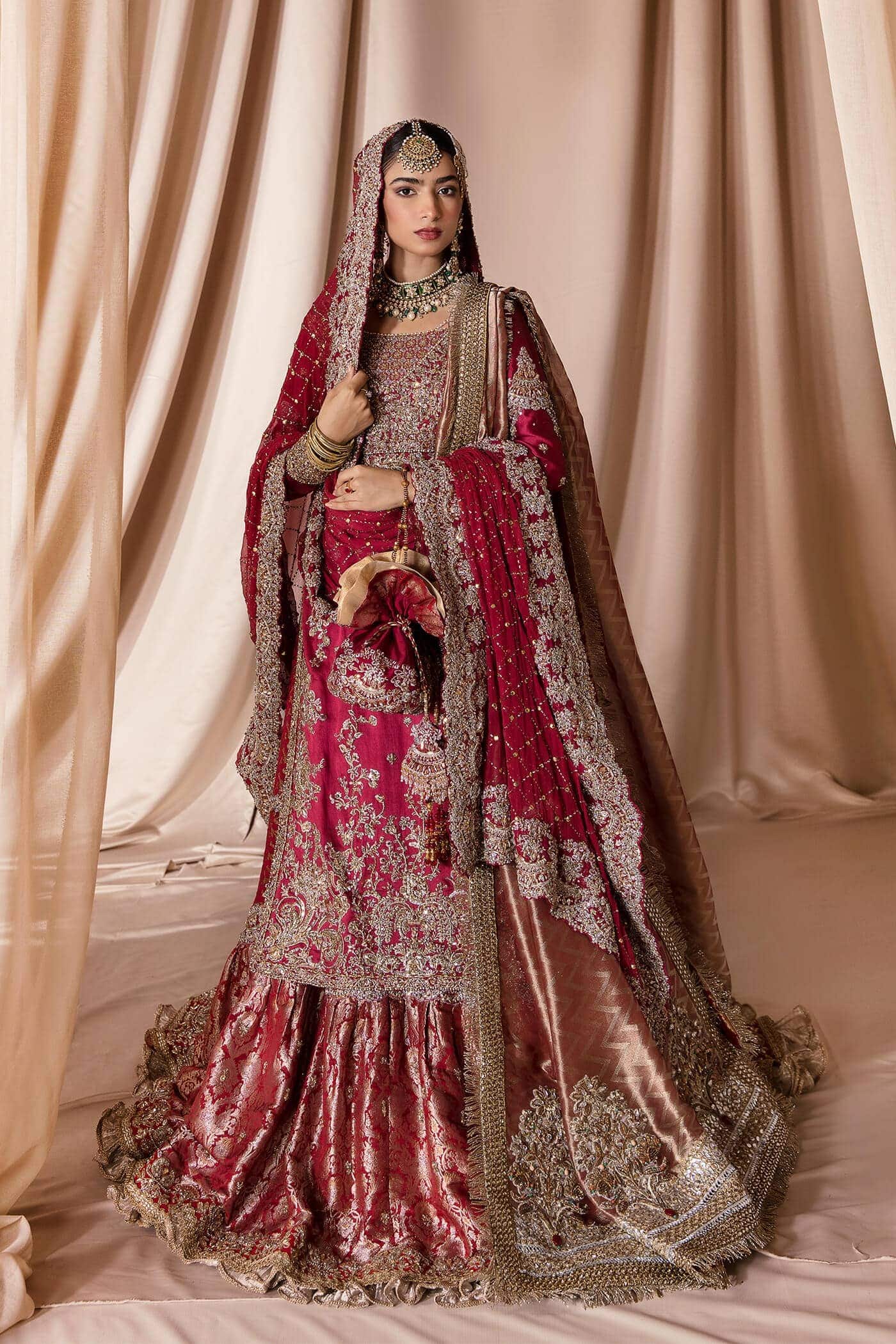 Deep Red Zardozi Tissue Organza Bridal Lehenga (3-Piece) - Image 2