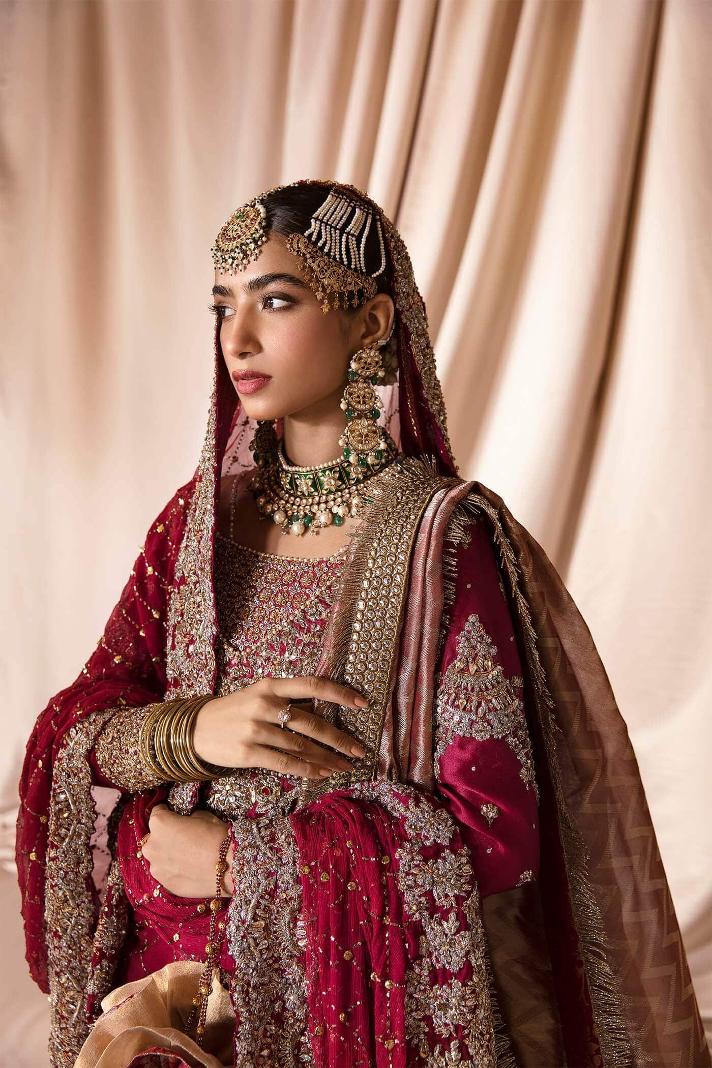 Deep Red Zardozi Tissue Organza Bridal Lehenga (3-Piece) - Image 3