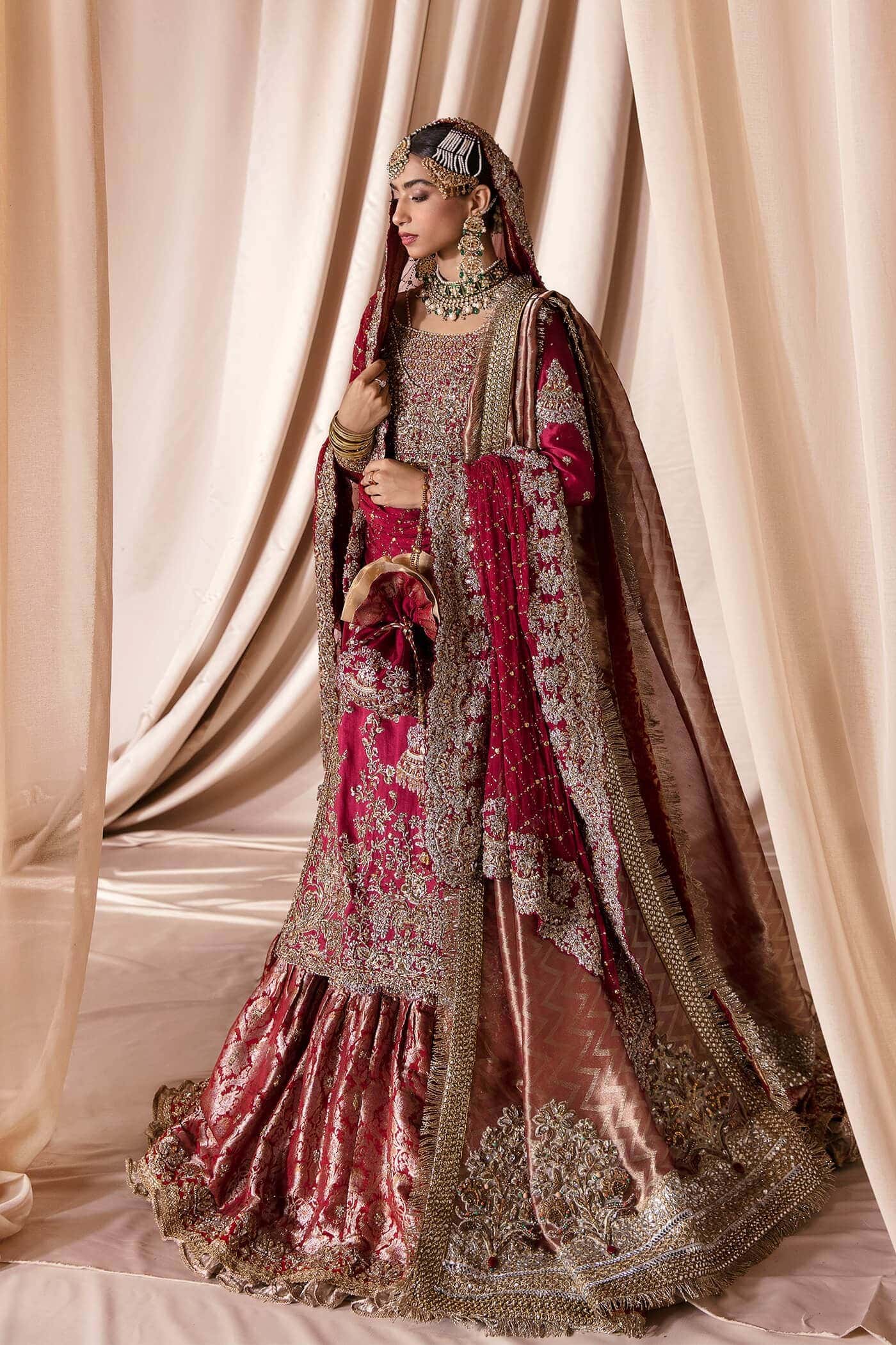 Deep Red Zardozi Tissue Organza Bridal Lehenga (3-Piece) - Image 4