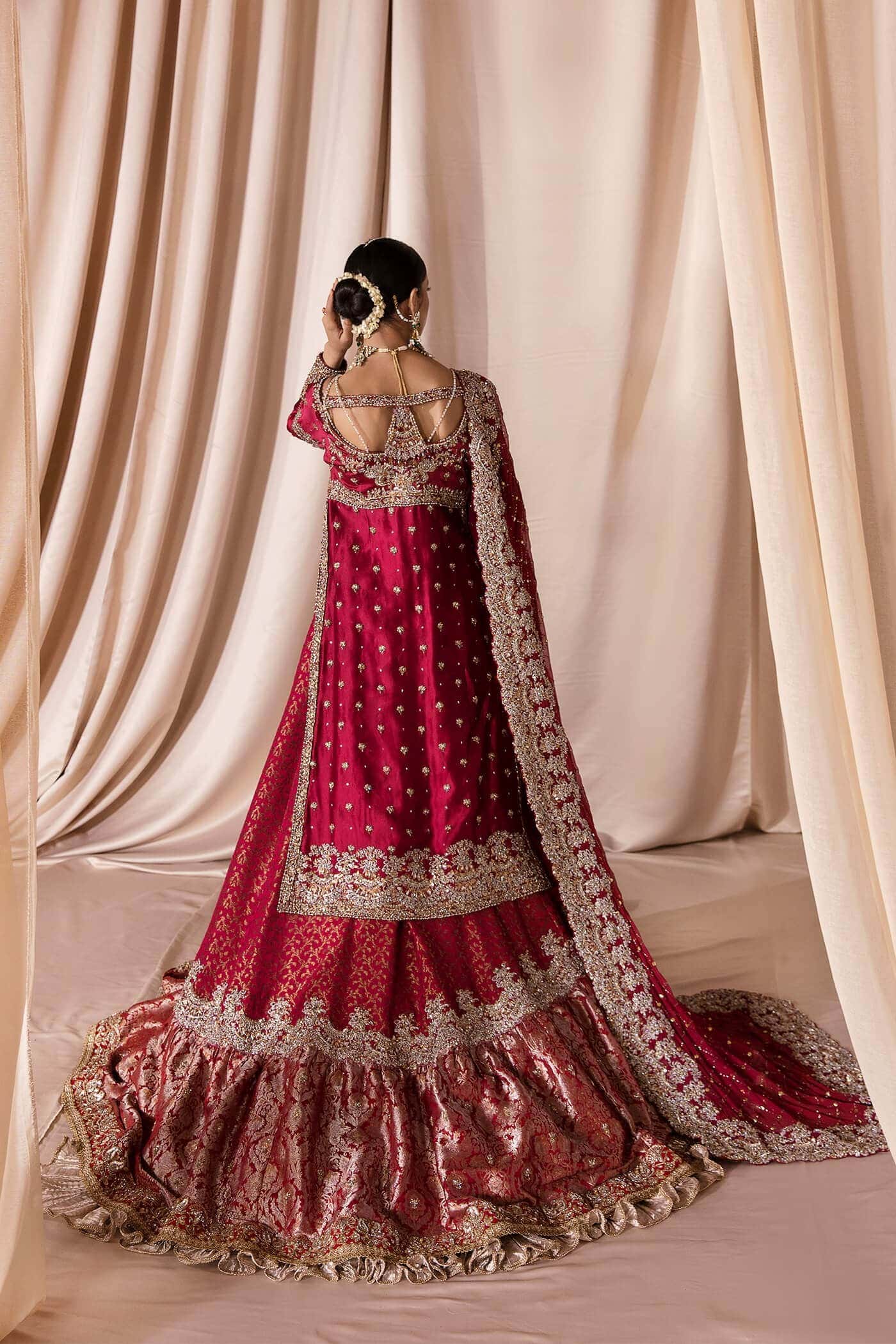 Deep Red Zardozi Tissue Organza Bridal Lehenga (3-Piece) - Image 5