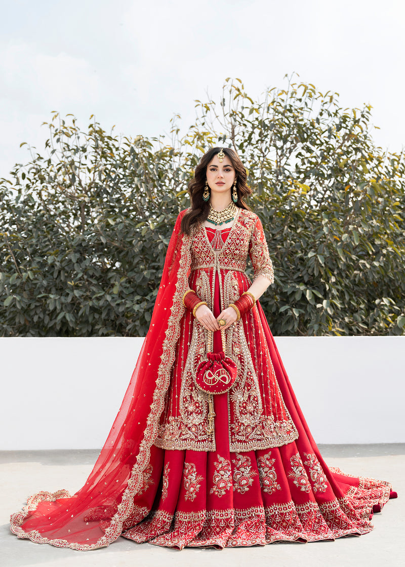 Pakistani Red Embroidered Net & Silk Bridal Lehenga (3-Piece) - Image 1