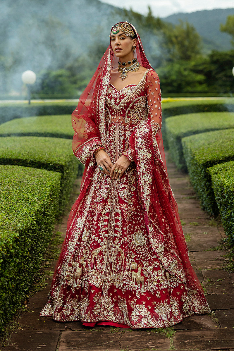 Blood Red Embellished Net & Silk Bridal Lehenga (3-Piece) - Image 1
