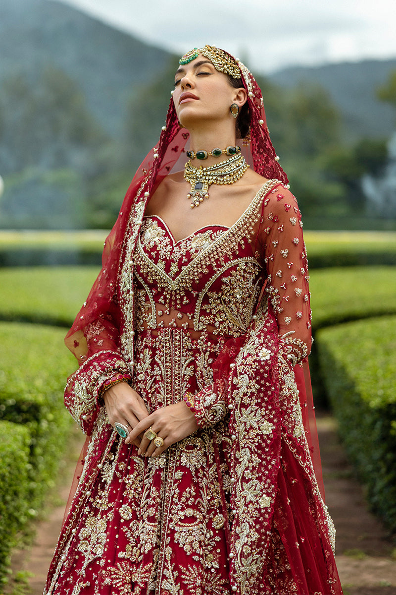 Blood Red Embellished Net & Silk Bridal Lehenga (3-Piece) - Image 2