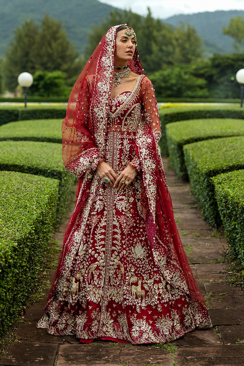 Blood Red Embellished Net & Silk Bridal Lehenga (3-Piece) - Image 3