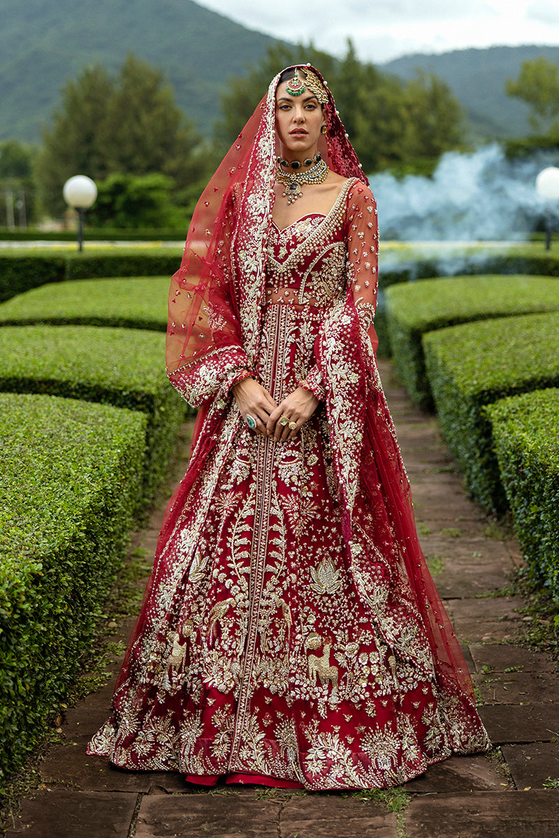 Blood Red Embellished Net & Silk Bridal Lehenga (3-Piece) - Image 5