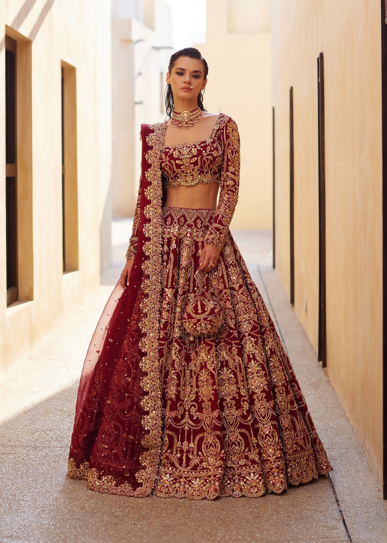 Deep Red Embellished Korean Rawsilk Bridal Lehenga Choli (3-Piece) - Image 1