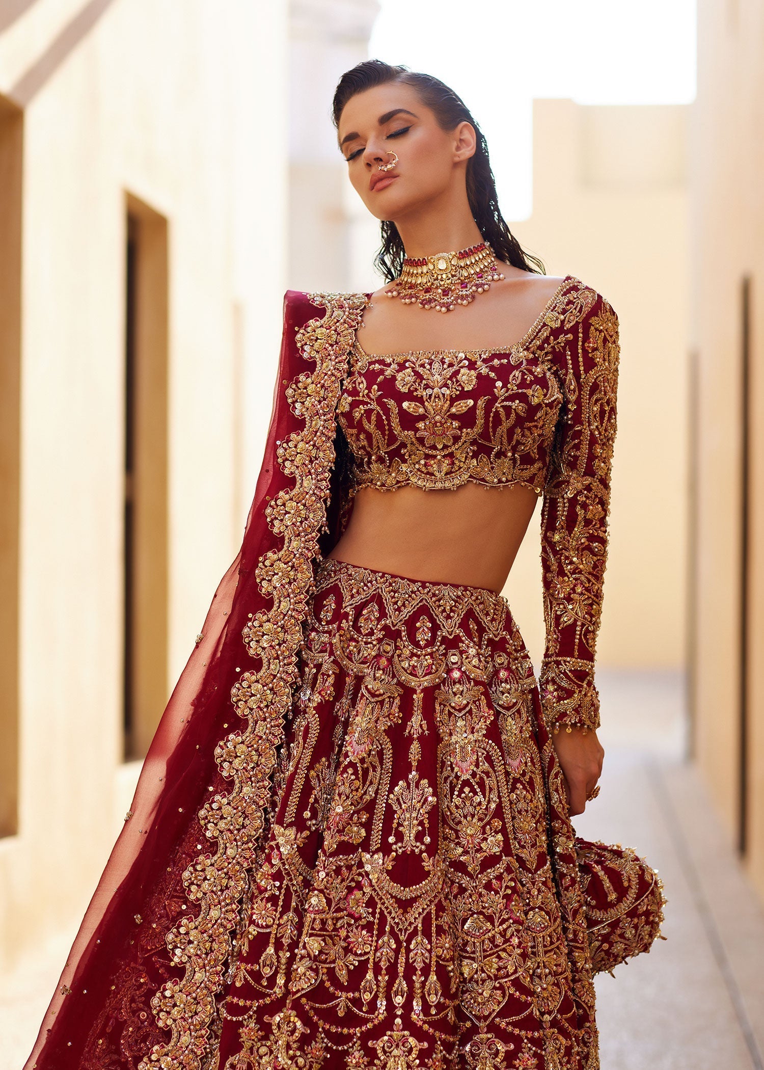 Deep Red Embellished Korean Rawsilk Bridal Lehenga Choli (3-Piece) - Image 5