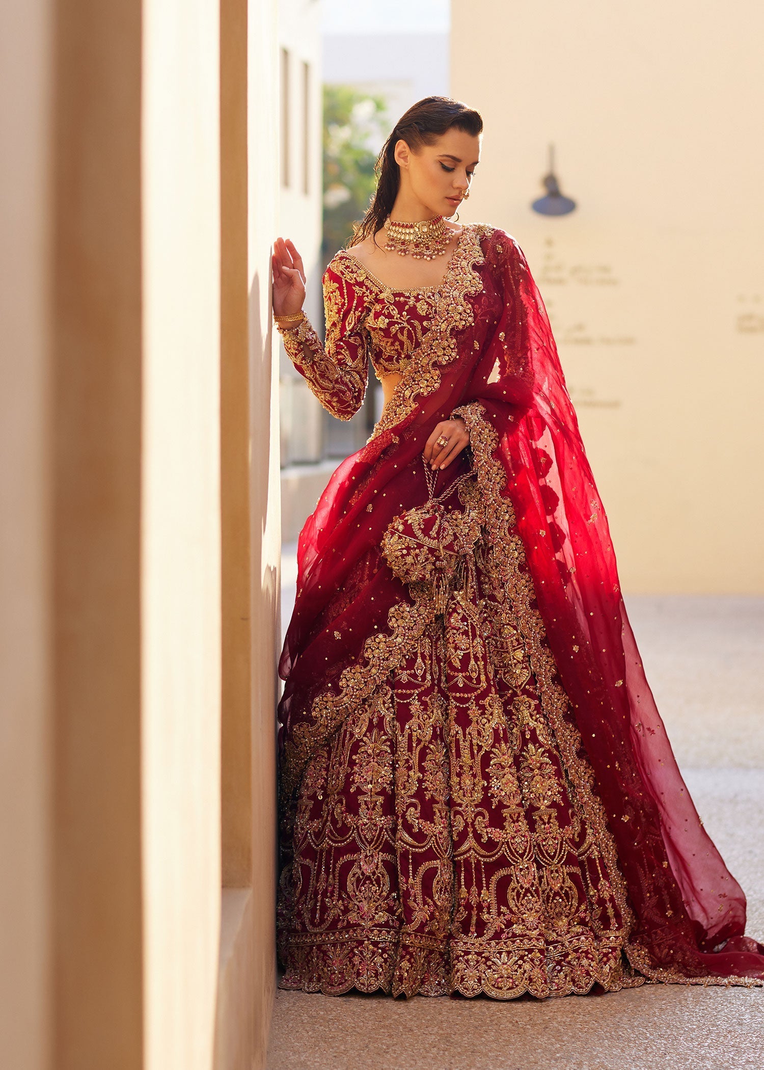 Deep Red Embellished Korean Rawsilk Bridal Lehenga Choli (3-Piece) - Image 8