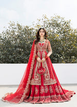 Pakistani Red Embroidered Net & Rawsilk Bridal Lehenga (3-Piece) - Image 2