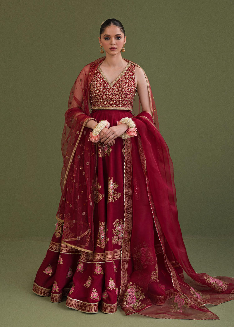Pakistani Red Embellished Korean Rawsilk Lehenga Choli (3-Piece) - Image 1