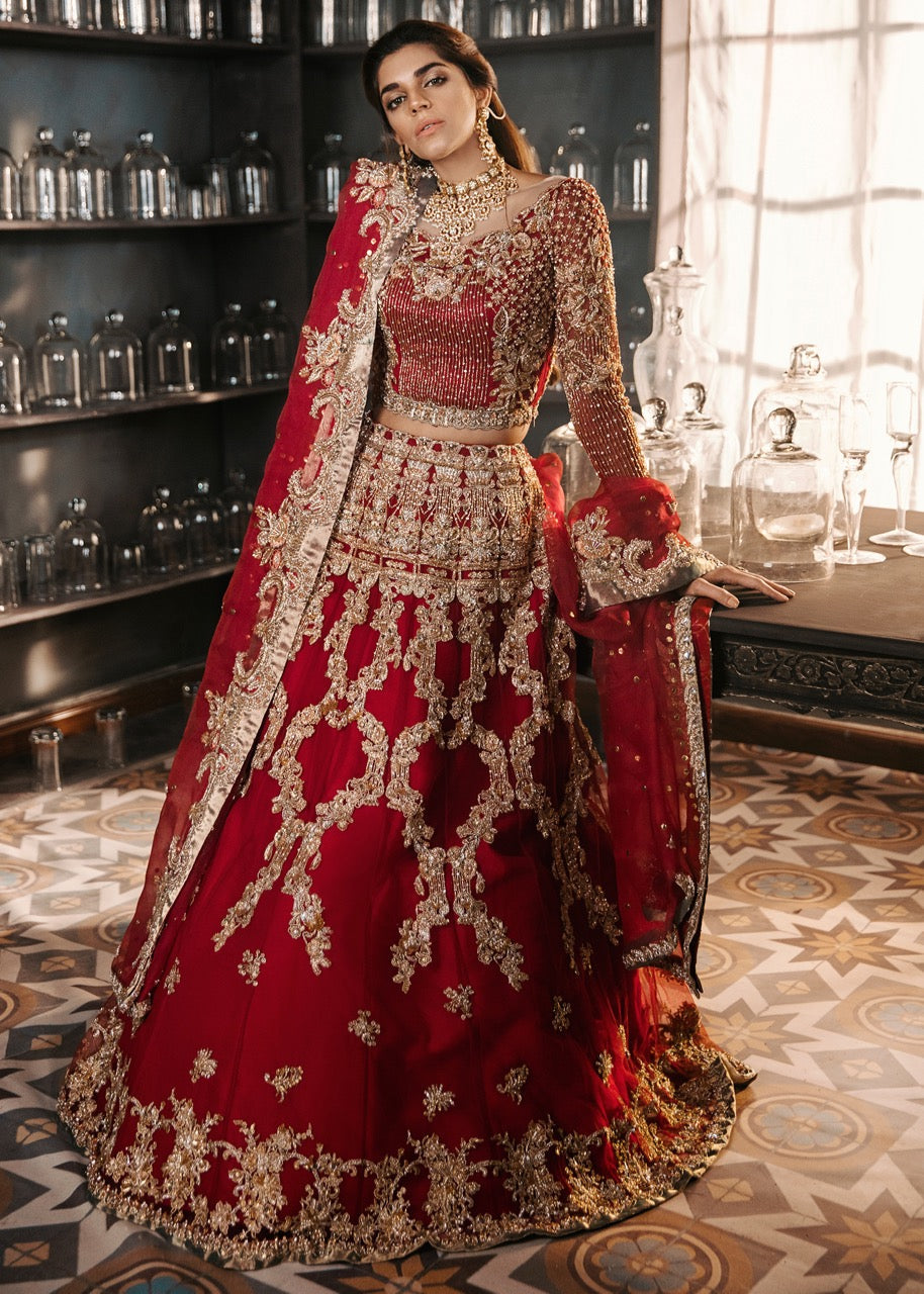 Pakistani Red Embroidered Korean Rawsilk Bridal Lehenga Choli (3-Piece) - Image 2