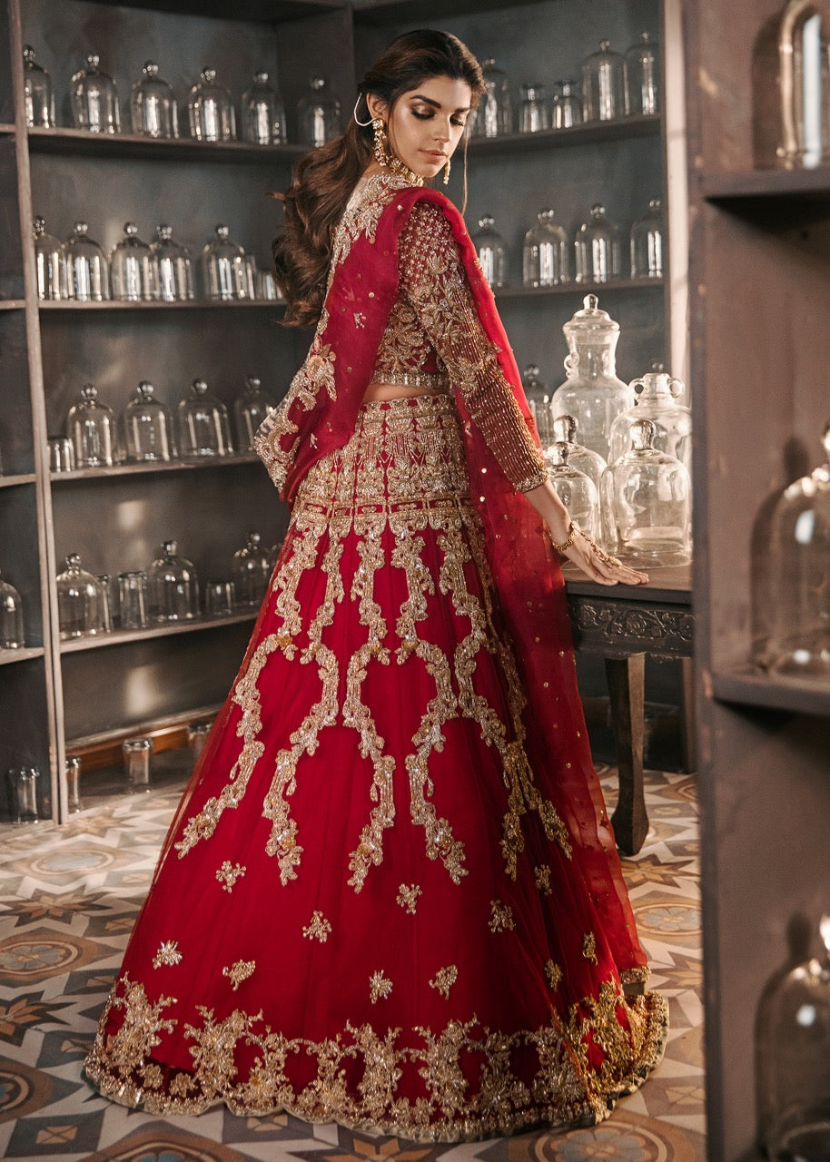 Pakistani Red Embroidered Korean Rawsilk Bridal Lehenga Choli (3-Piece) - Image 4